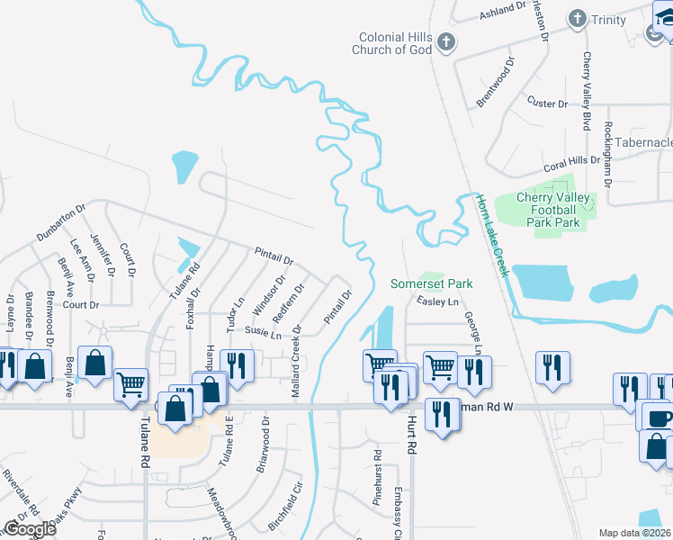 map of restaurants, bars, coffee shops, grocery stores, and more near 7420 Pintail Drive in Horn Lake