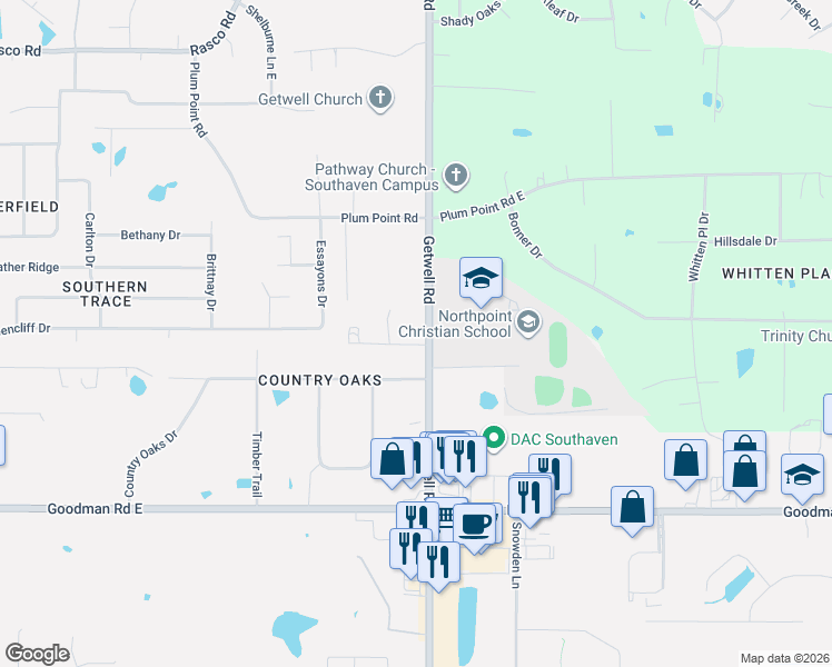 map of restaurants, bars, coffee shops, grocery stores, and more near 7381 Getwell Road in Southaven