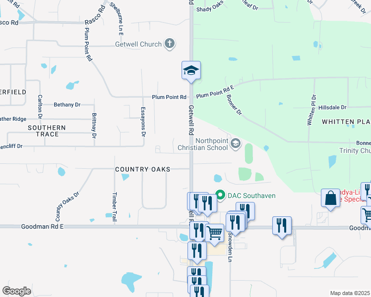 map of restaurants, bars, coffee shops, grocery stores, and more near 7381 Getwell Road in Southaven