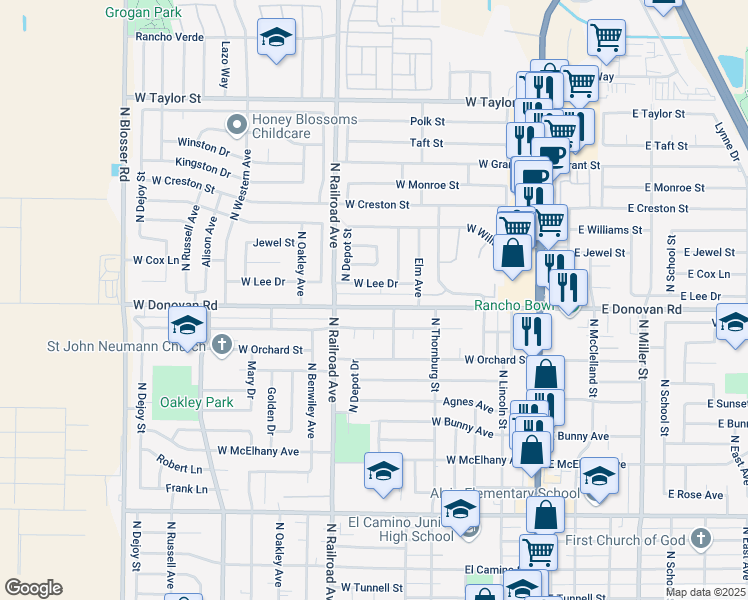 map of restaurants, bars, coffee shops, grocery stores, and more near 601 West Donovan Road in Santa Maria