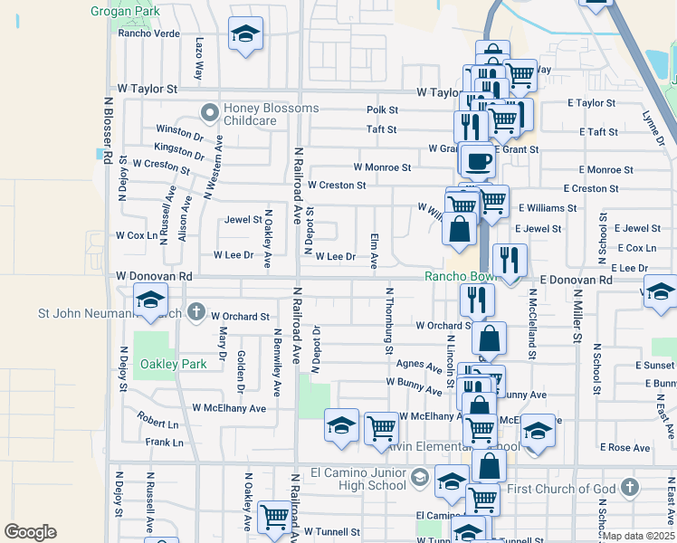 map of restaurants, bars, coffee shops, grocery stores, and more near 601 West Donovan Road in Santa Maria