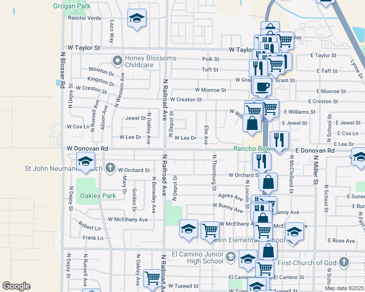 map of restaurants, bars, coffee shops, grocery stores, and more near 601 West Donovan Road in Santa Maria