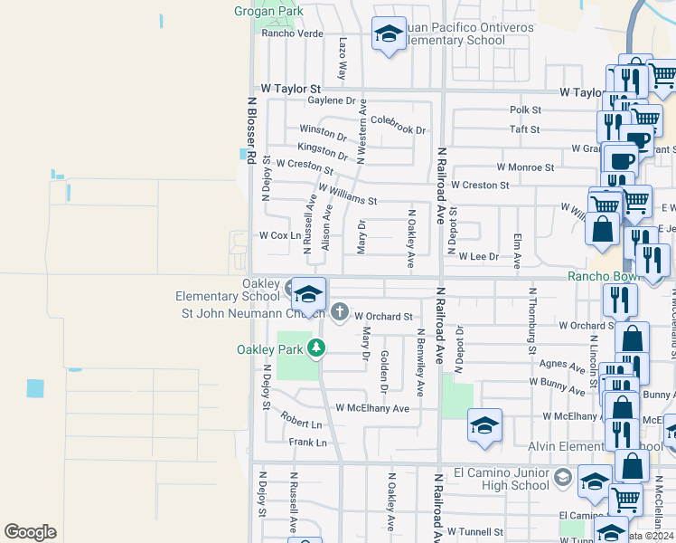 map of restaurants, bars, coffee shops, grocery stores, and more near 1603 North Western Avenue in Santa Maria