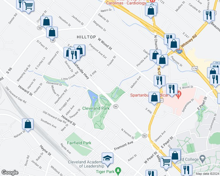 map of restaurants, bars, coffee shops, grocery stores, and more near 268 North Cleveland Park Drive in Spartanburg
