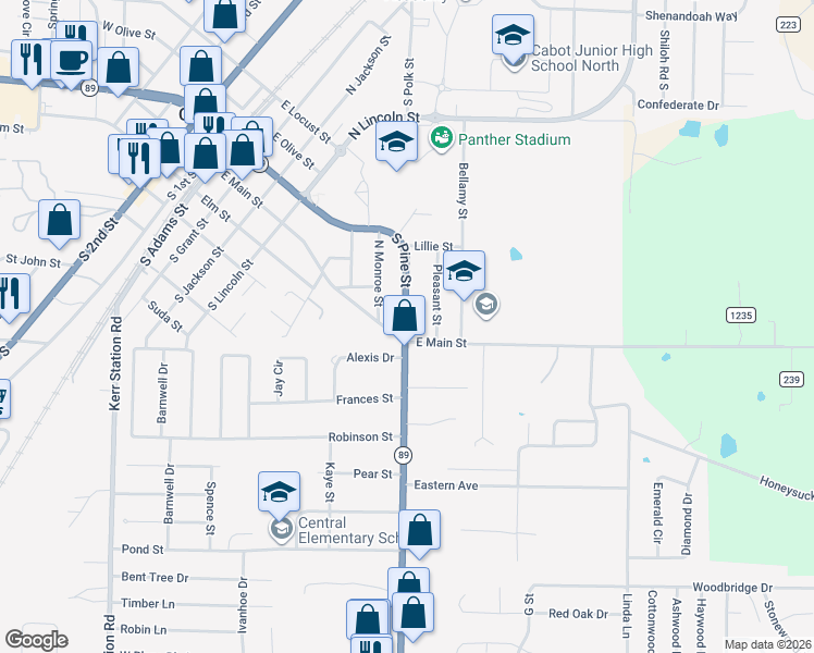 map of restaurants, bars, coffee shops, grocery stores, and more near 97 Arkansas 89 in Cabot