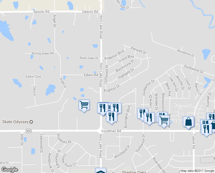 map of restaurants, bars, coffee shops, grocery stores, and more near 7406 Cliffwood Drive in Horn Lake