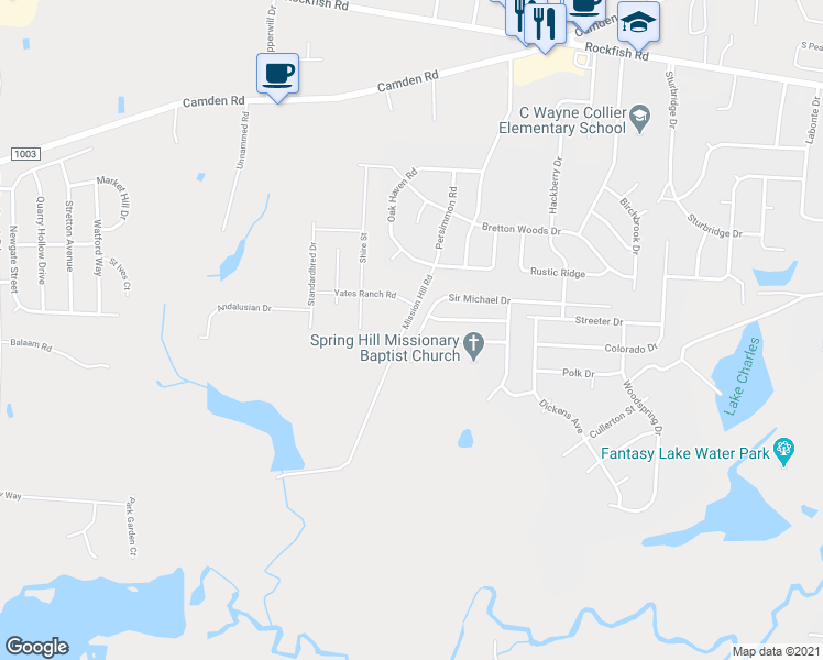 map of restaurants, bars, coffee shops, grocery stores, and more near 2216 Sir Michael Drive in Hope Mills