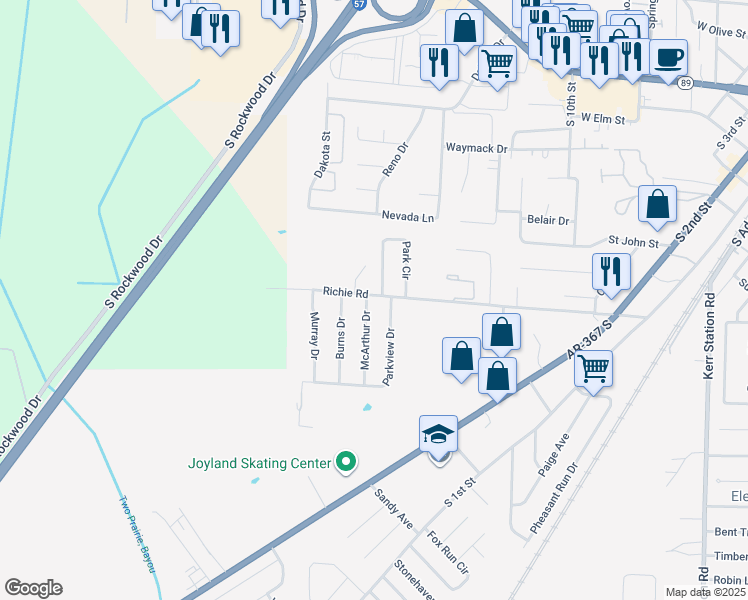 map of restaurants, bars, coffee shops, grocery stores, and more near 10 McArthur Drive in Cabot