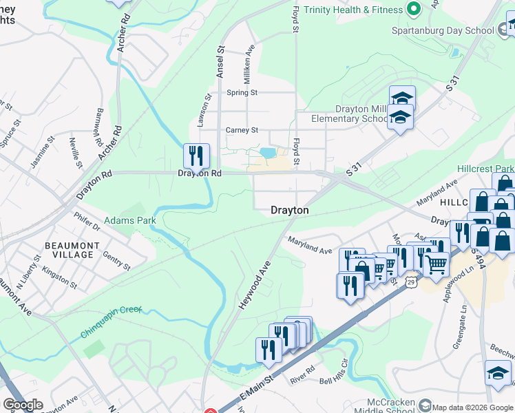 map of restaurants, bars, coffee shops, grocery stores, and more near 1 Cleveland Street in Drayton