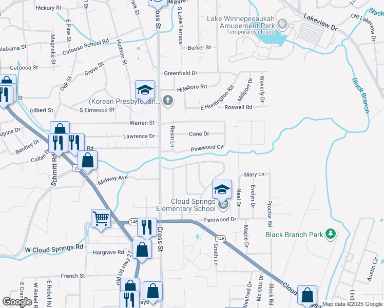 map of restaurants, bars, coffee shops, grocery stores, and more near 587 Pinewood Circle in Fort Oglethorpe