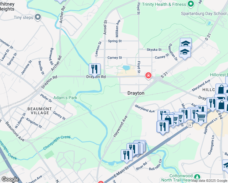map of restaurants, bars, coffee shops, grocery stores, and more near 1 Cleveland Court in Drayton