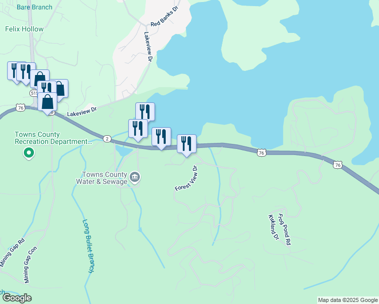 map of restaurants, bars, coffee shops, grocery stores, and more near 3243 Dogwood Lane in Hiawassee