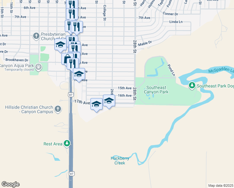 map of restaurants, bars, coffee shops, grocery stores, and more near 2605 16th Avenue in Canyon