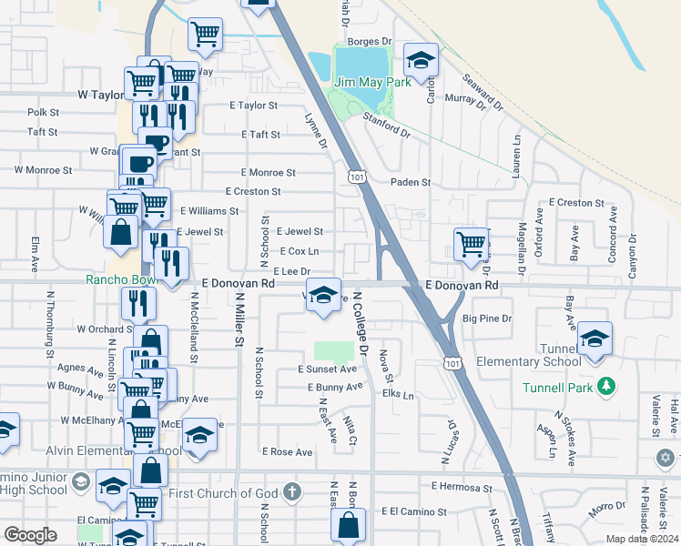 map of restaurants, bars, coffee shops, grocery stores, and more near 1607 Point Lobos Lane in Santa Maria