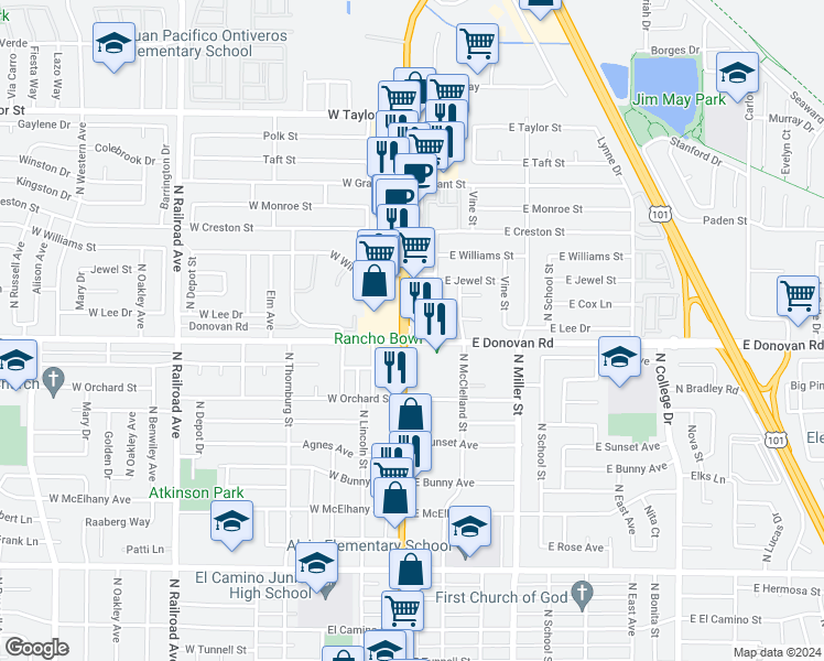 map of restaurants, bars, coffee shops, grocery stores, and more near 1606 North Broadway in Santa Maria