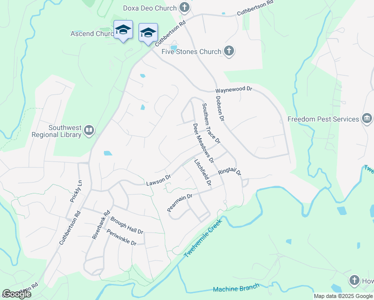 map of restaurants, bars, coffee shops, grocery stores, and more near Screech Owl Road in Waxhaw