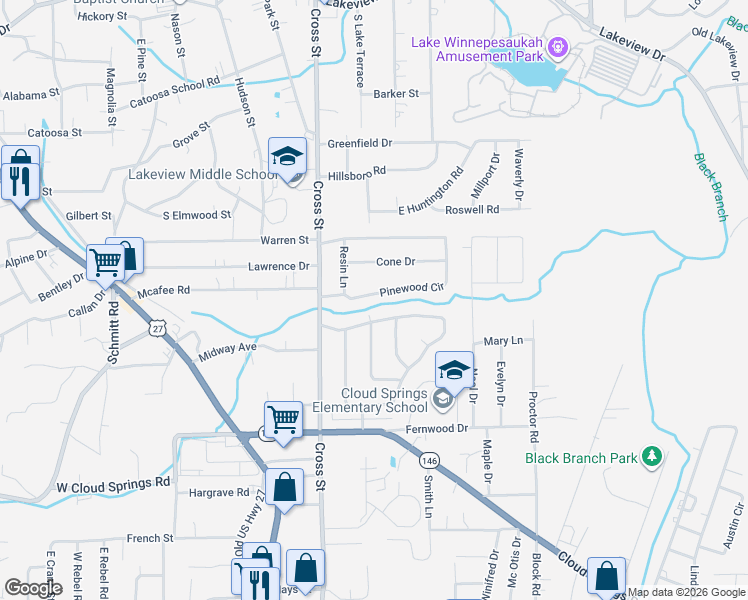 map of restaurants, bars, coffee shops, grocery stores, and more near 587 Pinewood Circle in Fort Oglethorpe