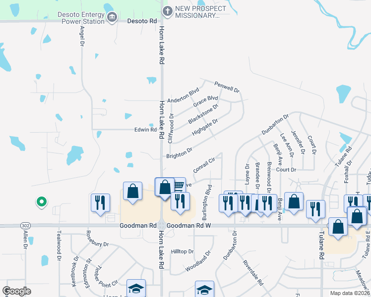 map of restaurants, bars, coffee shops, grocery stores, and more near 4274 Brighton Drive in Horn Lake