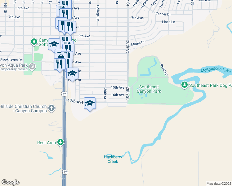 map of restaurants, bars, coffee shops, grocery stores, and more near 2613 16th Avenue in Canyon