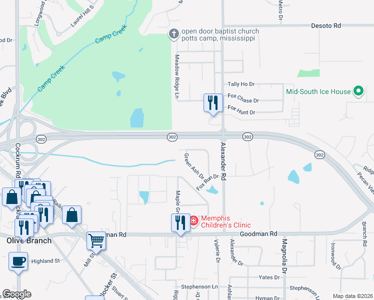 map of restaurants, bars, coffee shops, grocery stores, and more near 9869 White Poplar Drive in Olive Branch