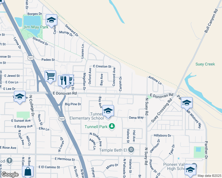 map of restaurants, bars, coffee shops, grocery stores, and more near 1310 East Lee Drive in Santa Maria