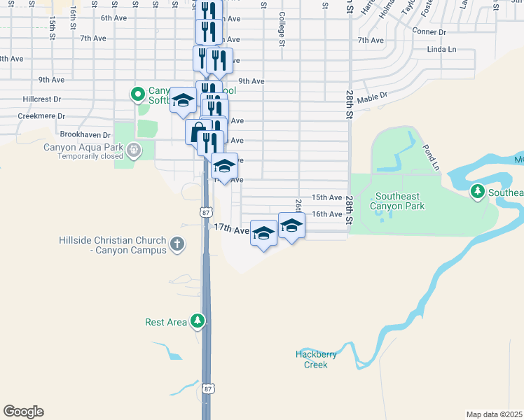 map of restaurants, bars, coffee shops, grocery stores, and more near 2411 16th Avenue in Canyon