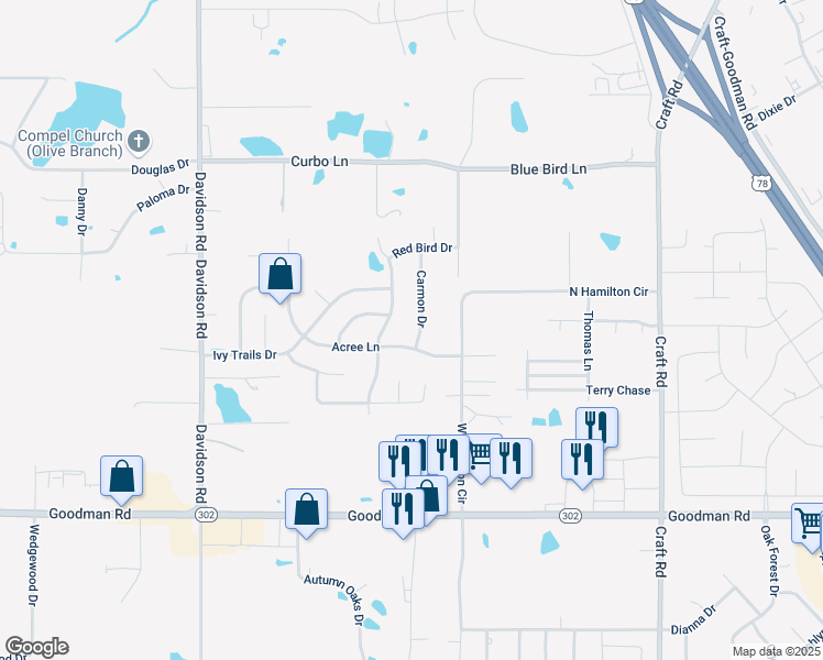 map of restaurants, bars, coffee shops, grocery stores, and more near 7383 Carmon Drive in Olive Branch