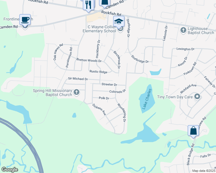 map of restaurants, bars, coffee shops, grocery stores, and more near 6317 Streeter Drive in Hope Mills