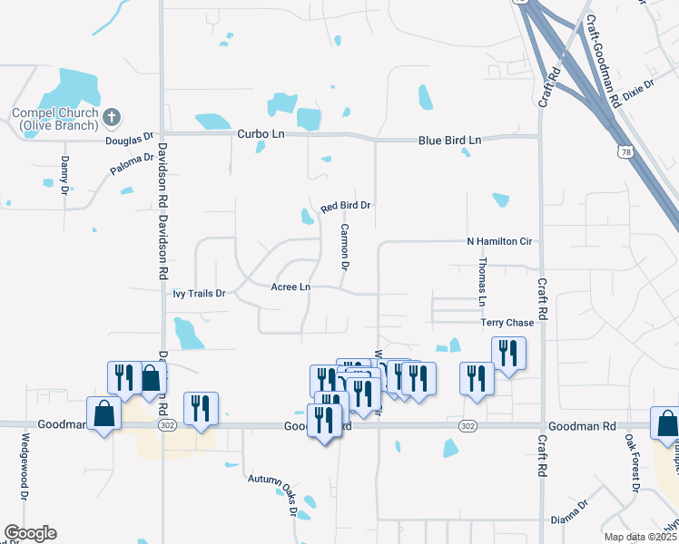 map of restaurants, bars, coffee shops, grocery stores, and more near 7383 Carmon Drive in Olive Branch