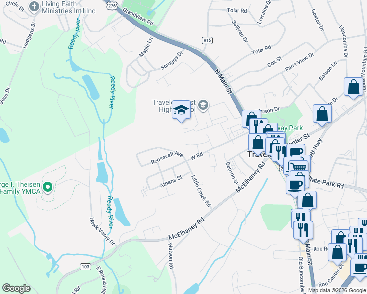 map of restaurants, bars, coffee shops, grocery stores, and more near 105 Solis Court in Travelers Rest