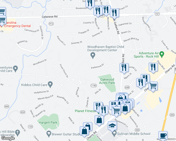map of restaurants, bars, coffee shops, grocery stores, and more near 2008 Parkwood Drive in Rock Hill