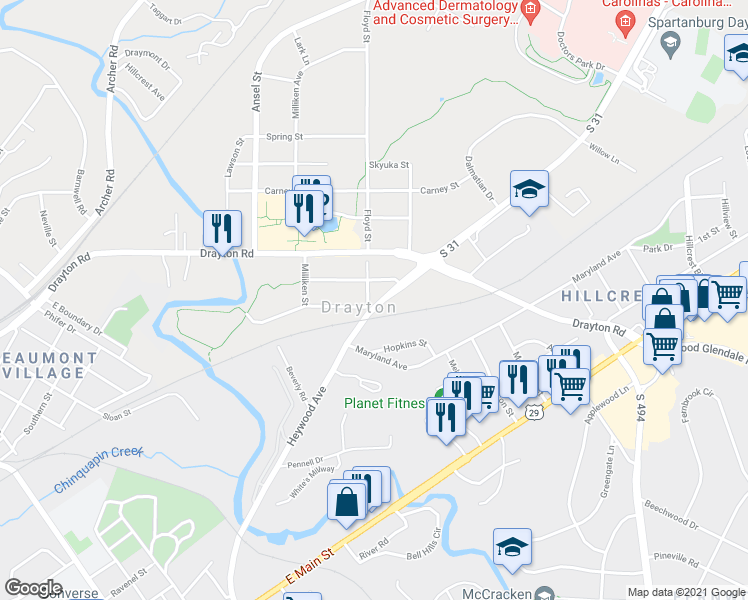 map of restaurants, bars, coffee shops, grocery stores, and more near 102 Floyd Street in Drayton
