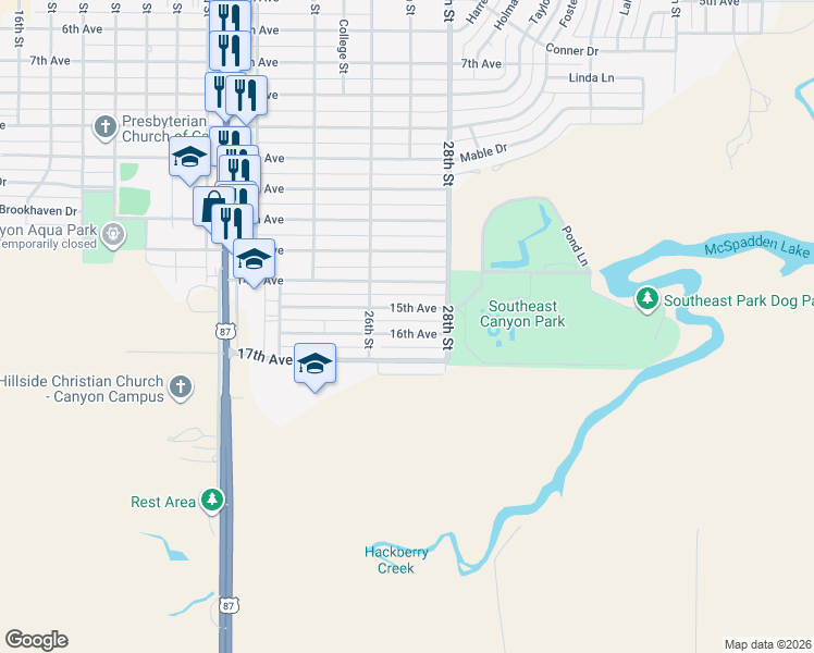 map of restaurants, bars, coffee shops, grocery stores, and more near 2605 16th Avenue in Canyon