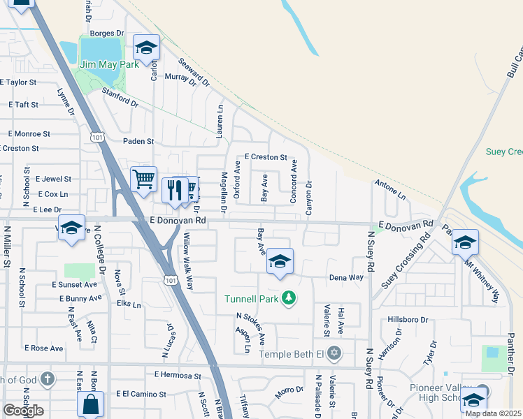 map of restaurants, bars, coffee shops, grocery stores, and more near 1216 East Lee Drive in Santa Maria