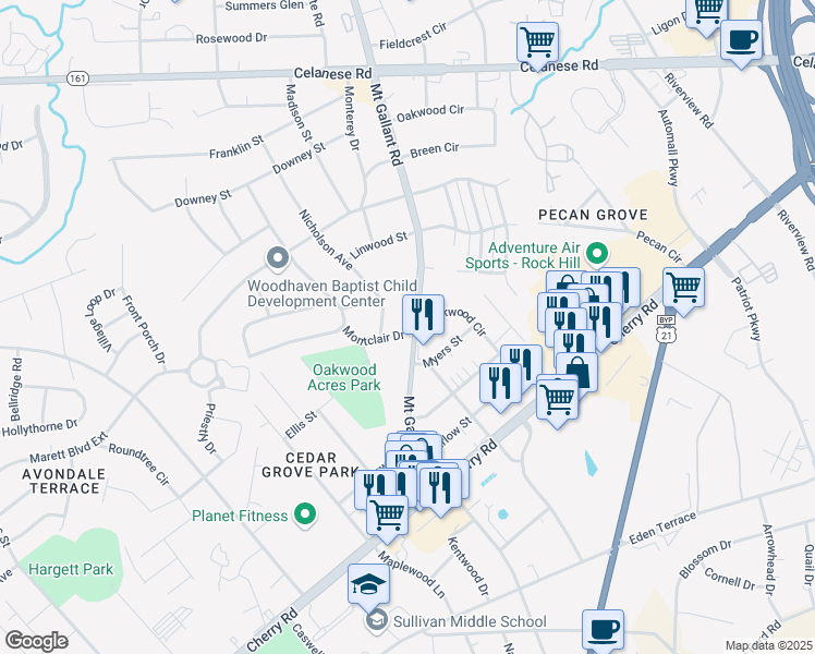 map of restaurants, bars, coffee shops, grocery stores, and more near 1305 Mount Gallant Road in Rock Hill