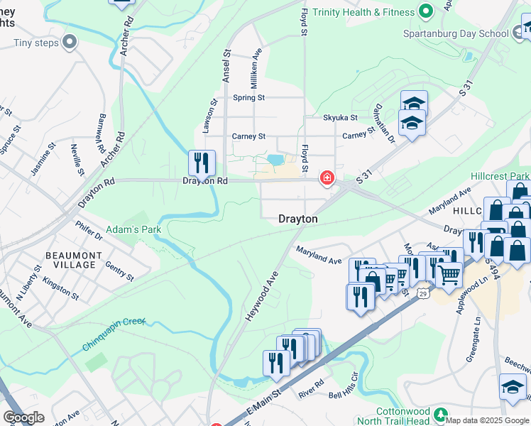 map of restaurants, bars, coffee shops, grocery stores, and more near 1 Cleveland Court in Drayton