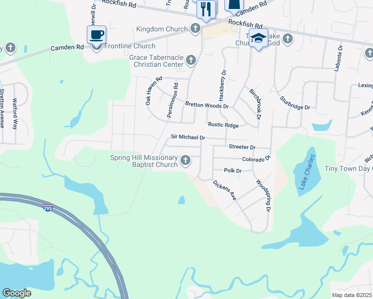 map of restaurants, bars, coffee shops, grocery stores, and more near 2119 Queen Elizabeth Lane in Hope Mills