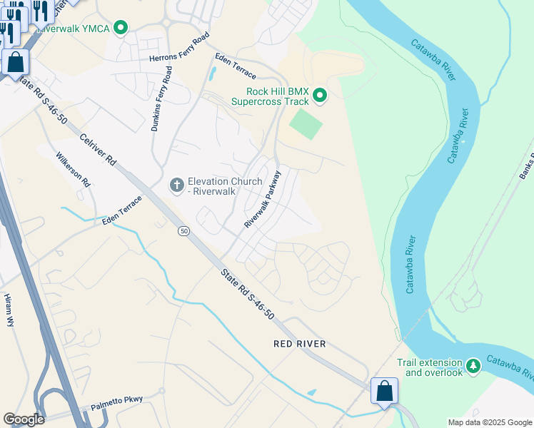 map of restaurants, bars, coffee shops, grocery stores, and more near 383 Luray Way in Rock Hill