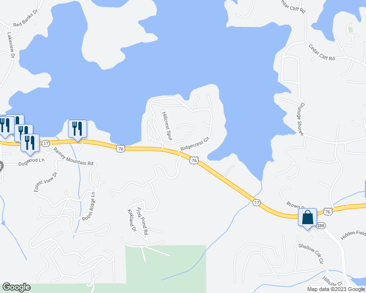 map of restaurants, bars, coffee shops, grocery stores, and more near 2147 Ridgecrest Circle in Hiawassee