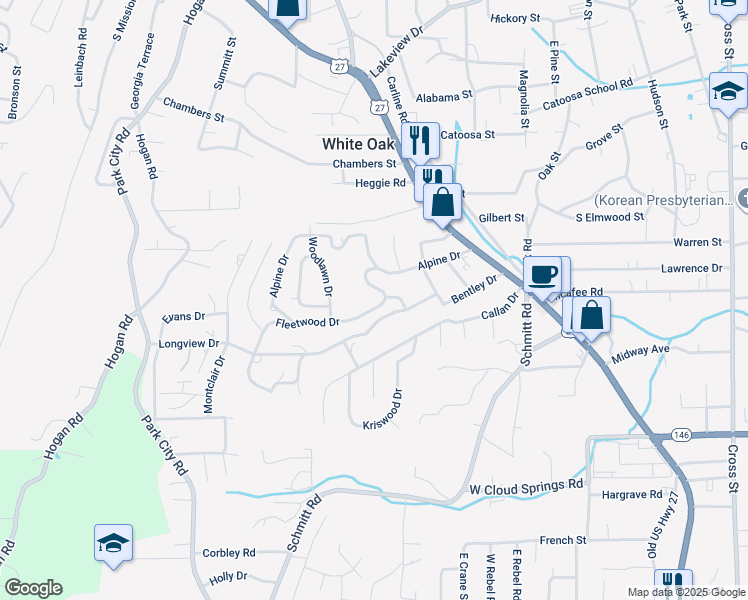 map of restaurants, bars, coffee shops, grocery stores, and more near 217 Alpine Drive in Rossville