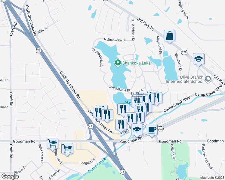 map of restaurants, bars, coffee shops, grocery stores, and more near 7280 Sylvan Lane in Olive Branch