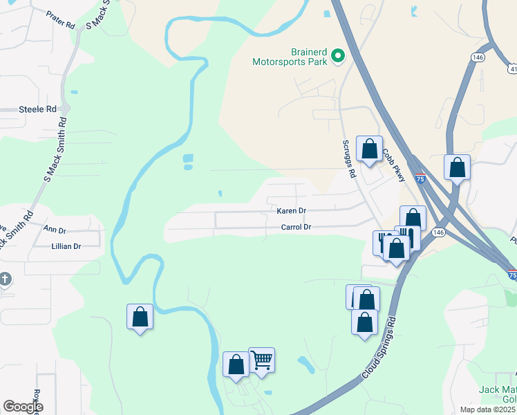 map of restaurants, bars, coffee shops, grocery stores, and more near 400 Karen Drive in Ringgold