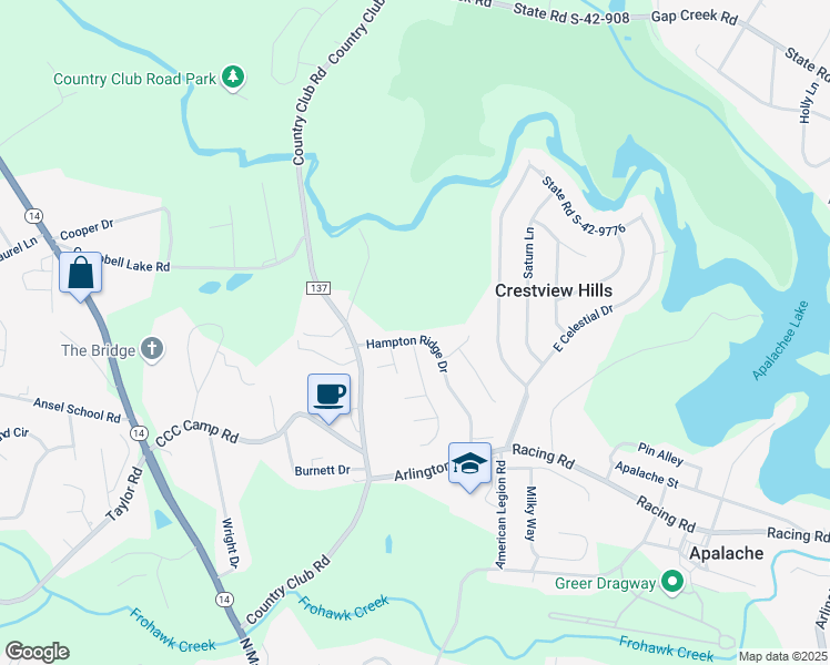map of restaurants, bars, coffee shops, grocery stores, and more near 109 Hampton Ridge Drive in Greer