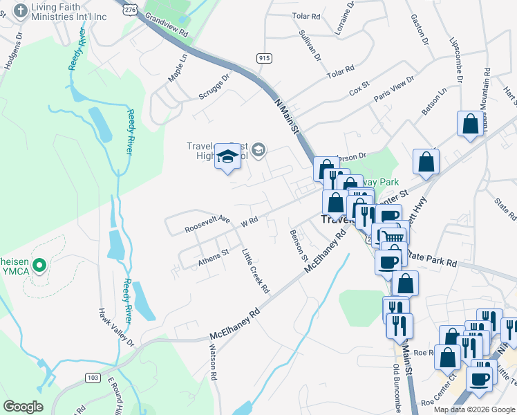 map of restaurants, bars, coffee shops, grocery stores, and more near 25 West Road in Travelers Rest