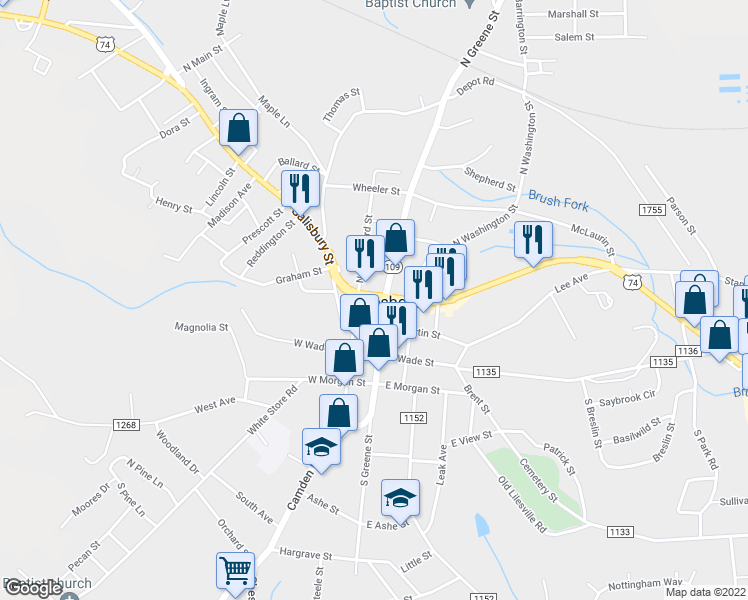 map of restaurants, bars, coffee shops, grocery stores, and more near 105 West Caswell Street in Wadesboro