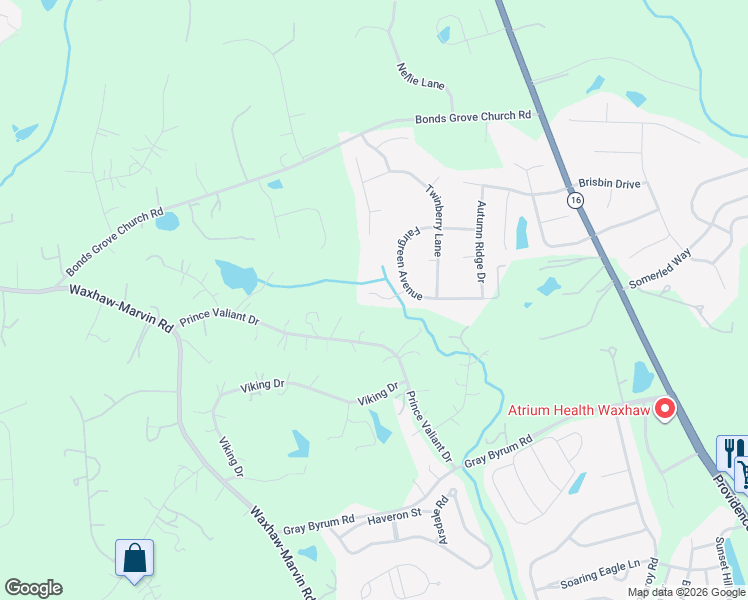 map of restaurants, bars, coffee shops, grocery stores, and more near 8421 Blue Sky Court in Waxhaw