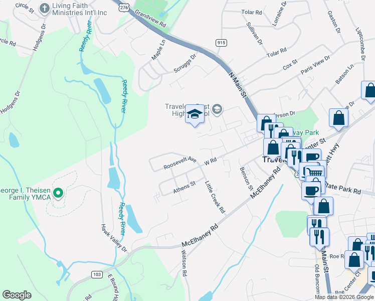 map of restaurants, bars, coffee shops, grocery stores, and more near 204 Roosevelt Avenue in Travelers Rest