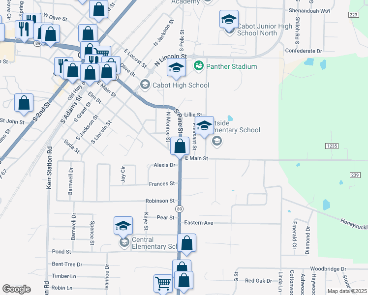 map of restaurants, bars, coffee shops, grocery stores, and more near 95 South Pine Street in Cabot