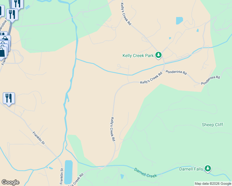 map of restaurants, bars, coffee shops, grocery stores, and more near Kelly's Creek Rd in Rabun