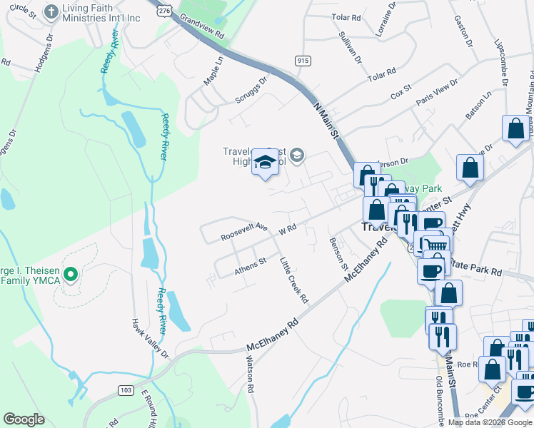 map of restaurants, bars, coffee shops, grocery stores, and more near 204 Roosevelt Avenue in Travelers Rest